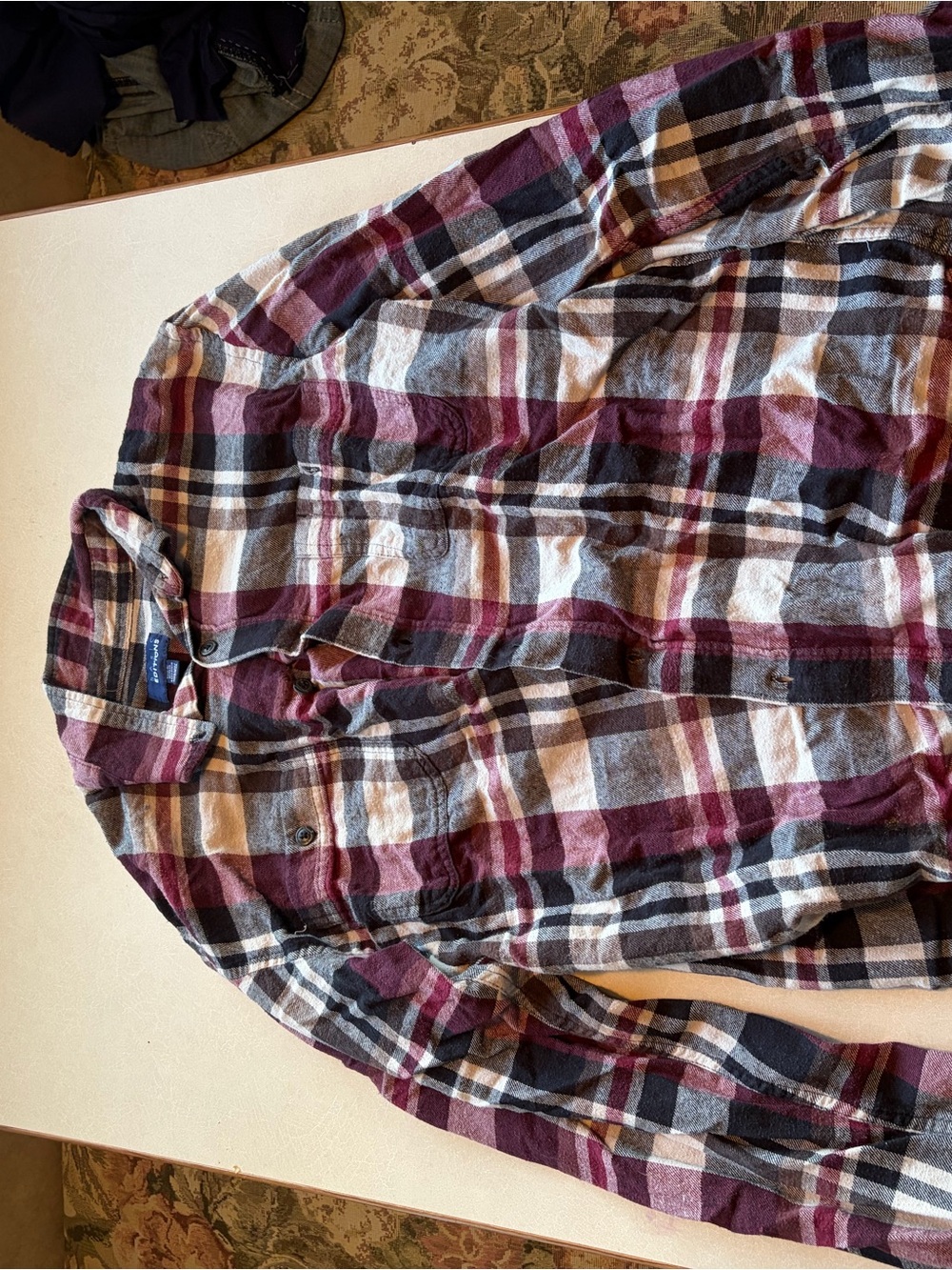 Basic Editions Men's Burgundy, Black & White Plaid Button-Down Shirt